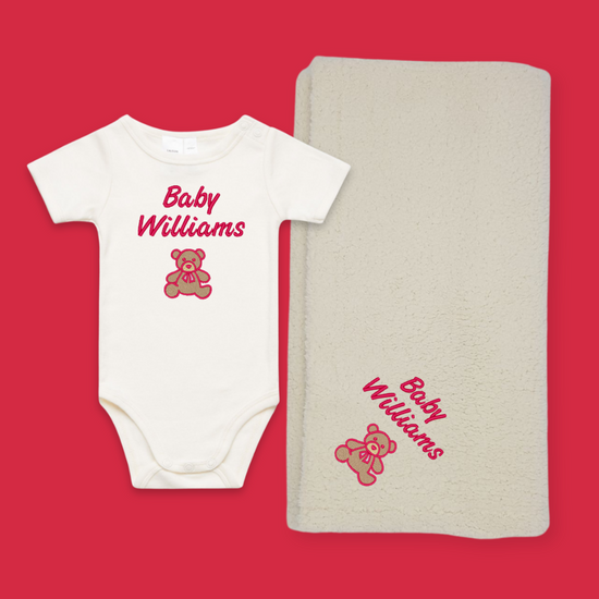 red colour name onesie & blanket