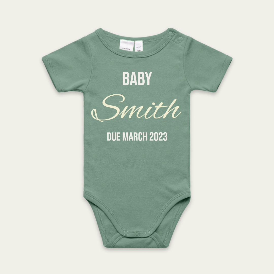 Pregnancy announcement  sage colour onesie